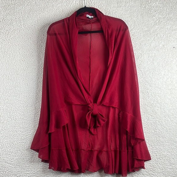 Kiyonna Tops - NWT Kiyonna Womens Red Sheer Ruffle Hem Tie-Front Cape M MEDIUM